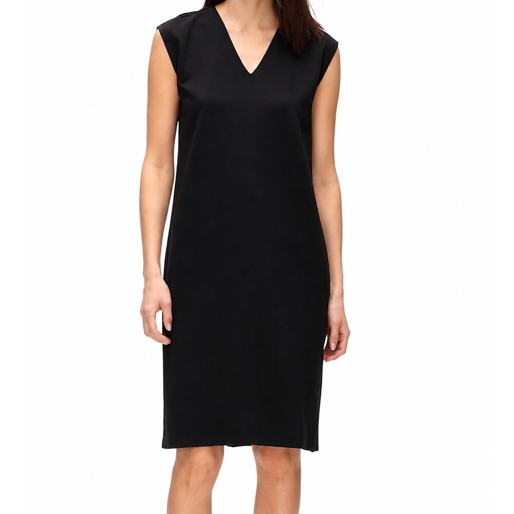 Eileen Fisher Black Stretch Jersey Sleeveless Shift Dress V Neck Large L